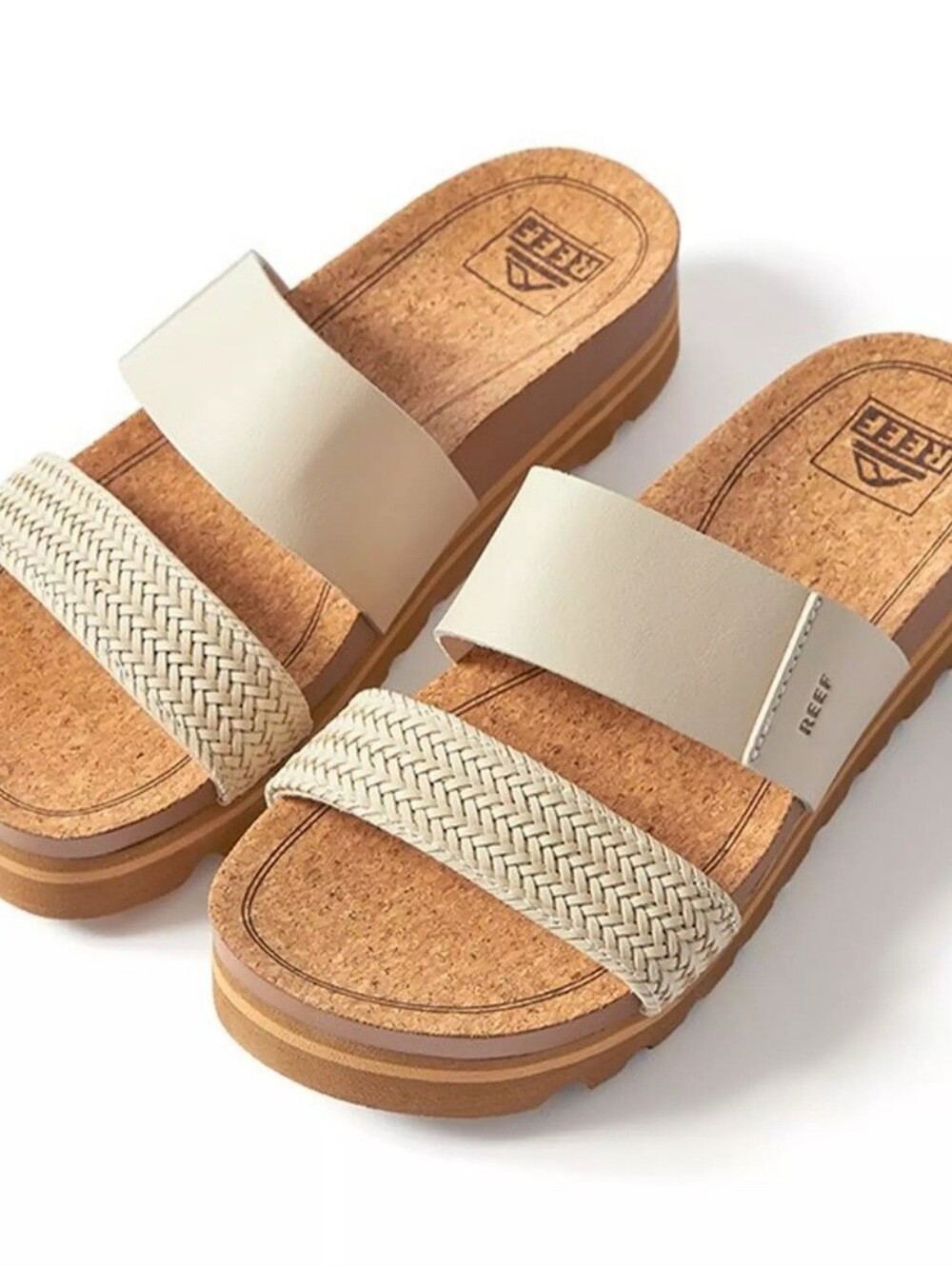 Reef Cushion Vista Hi Slide Sandal Women's Size 9 Vegan Leather Straps Tan Cream